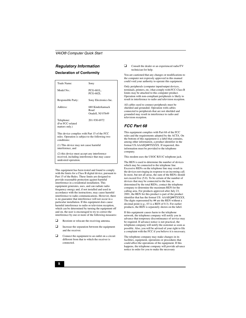 8regulatory information, Fcc part 68 | Sony PCG-V505DC2 User Manual | Page 8 / 44