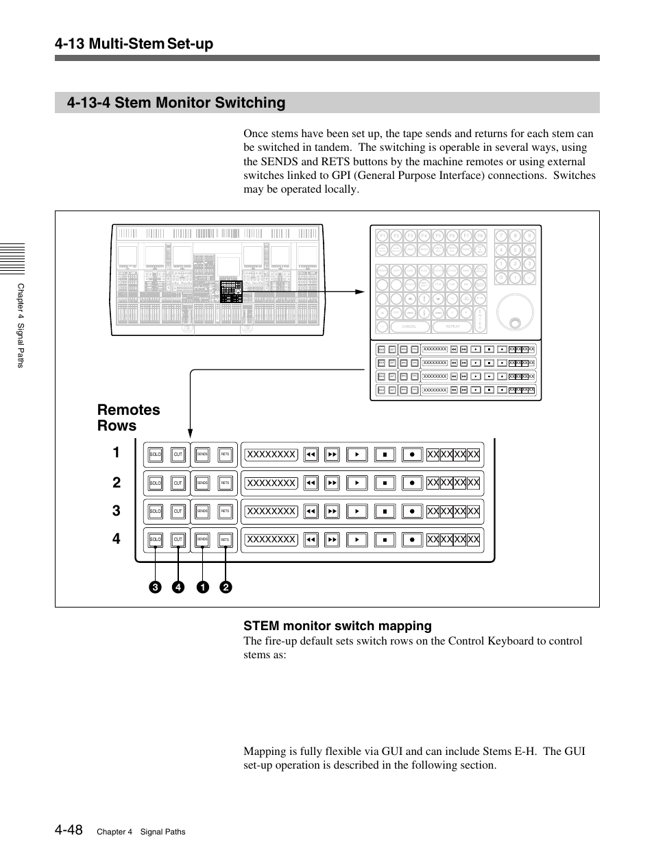 13-4 stem monitor switching, 13 multi-stem set-up, 12 3 4 rows remotes | Stem monitor switch mapping, Xx xx xx, Chapter 4 signal paths | Sony OXF-R3 User Manual | Page 108 / 396