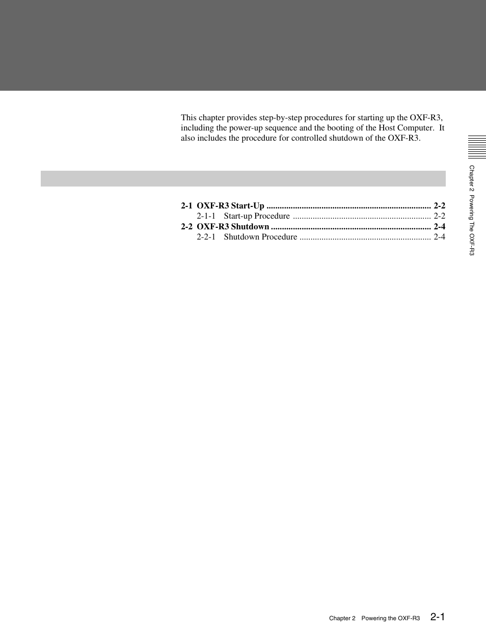 Chapter 2 – powering the oxf-r3, Chapter 2 contents | Sony OXF-R3 User Manual | Page 21 / 396