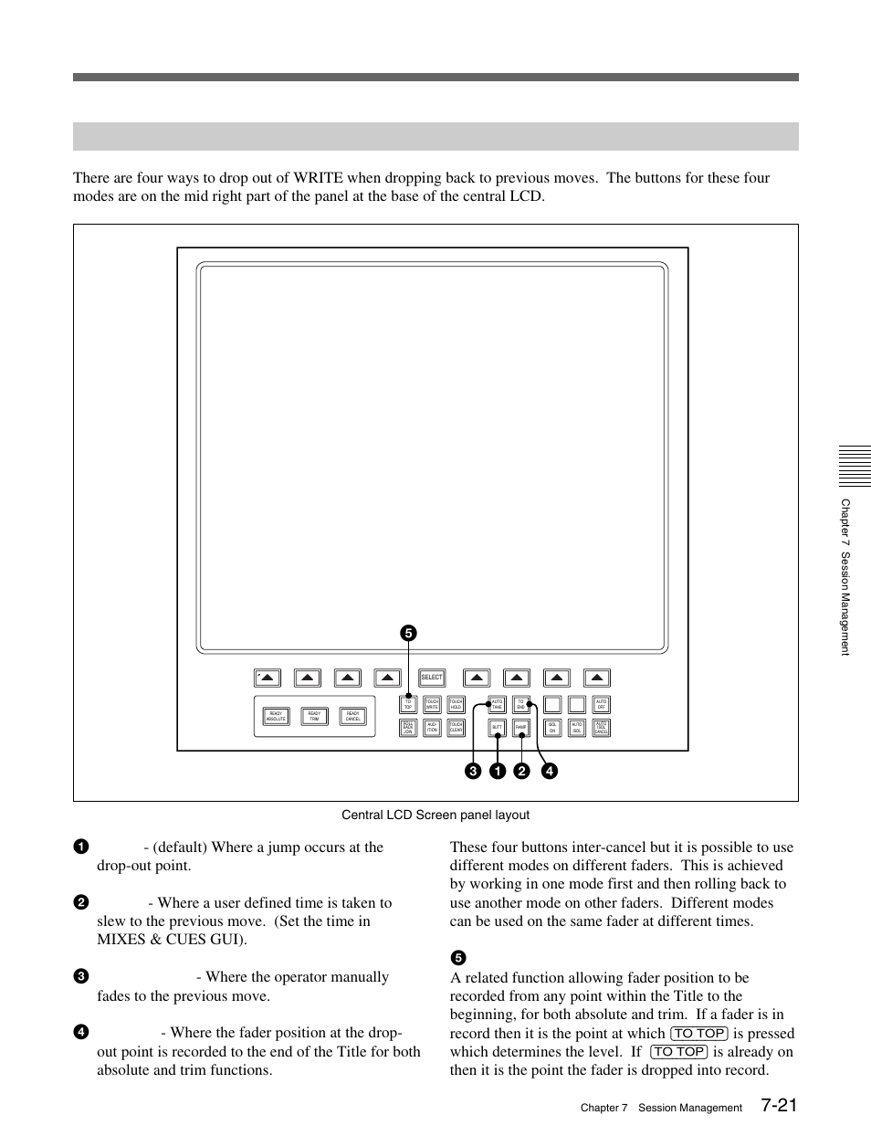 5-7 dropping out of write on subsequent mix passes, Central lcd screen panel layout | Sony OXF-R3 User Manual | Page 281 / 396