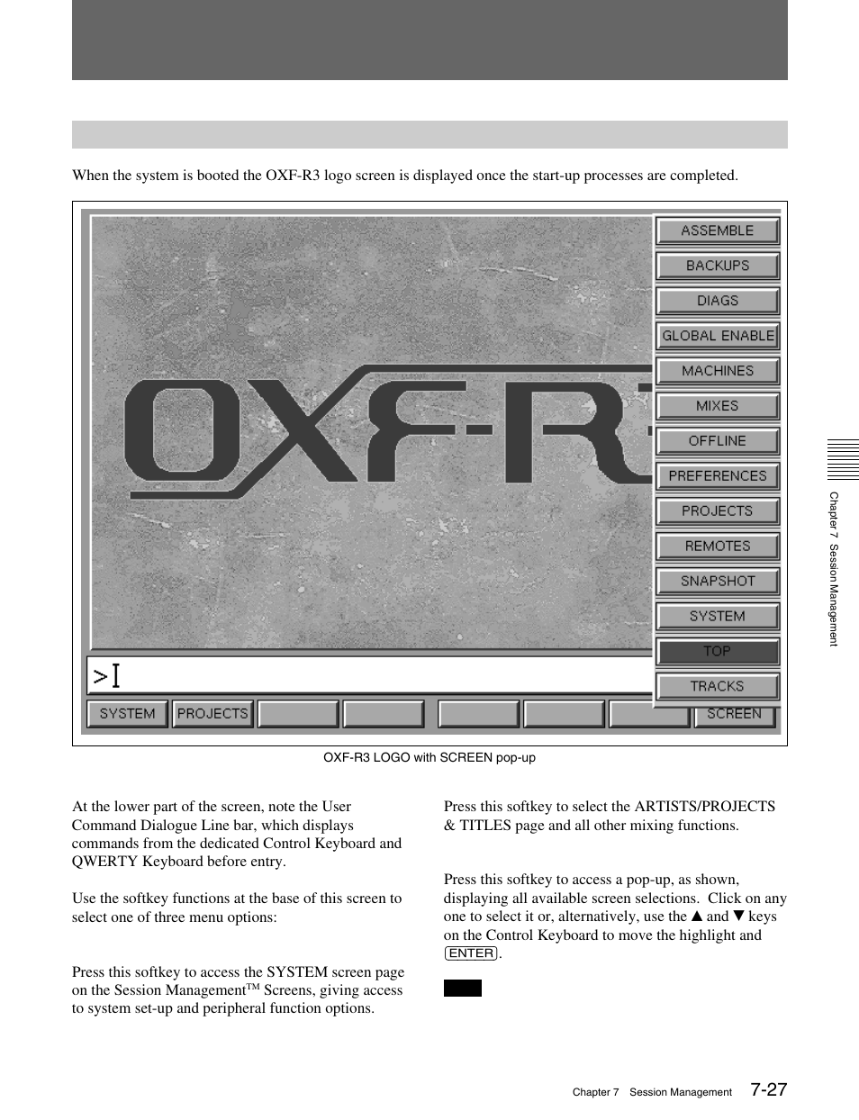 6-1 the start-up logo screen, 6 the session management™ screen pages | Sony OXF-R3 User Manual | Page 287 / 396