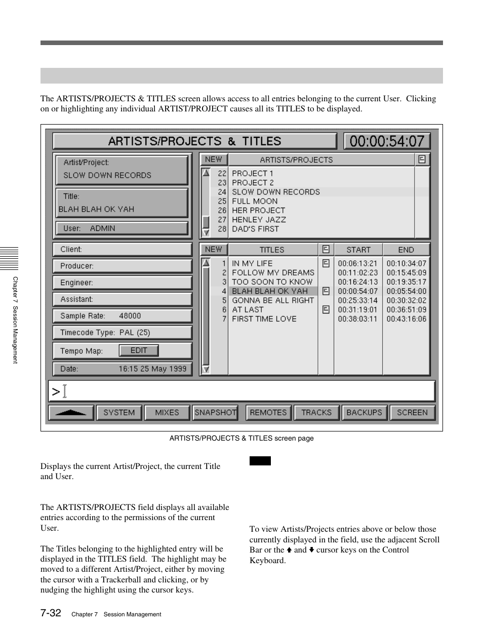 6-4 artists/projects & titles screen, 6 the session management, Screen pages | Sony OXF-R3 User Manual | Page 292 / 396