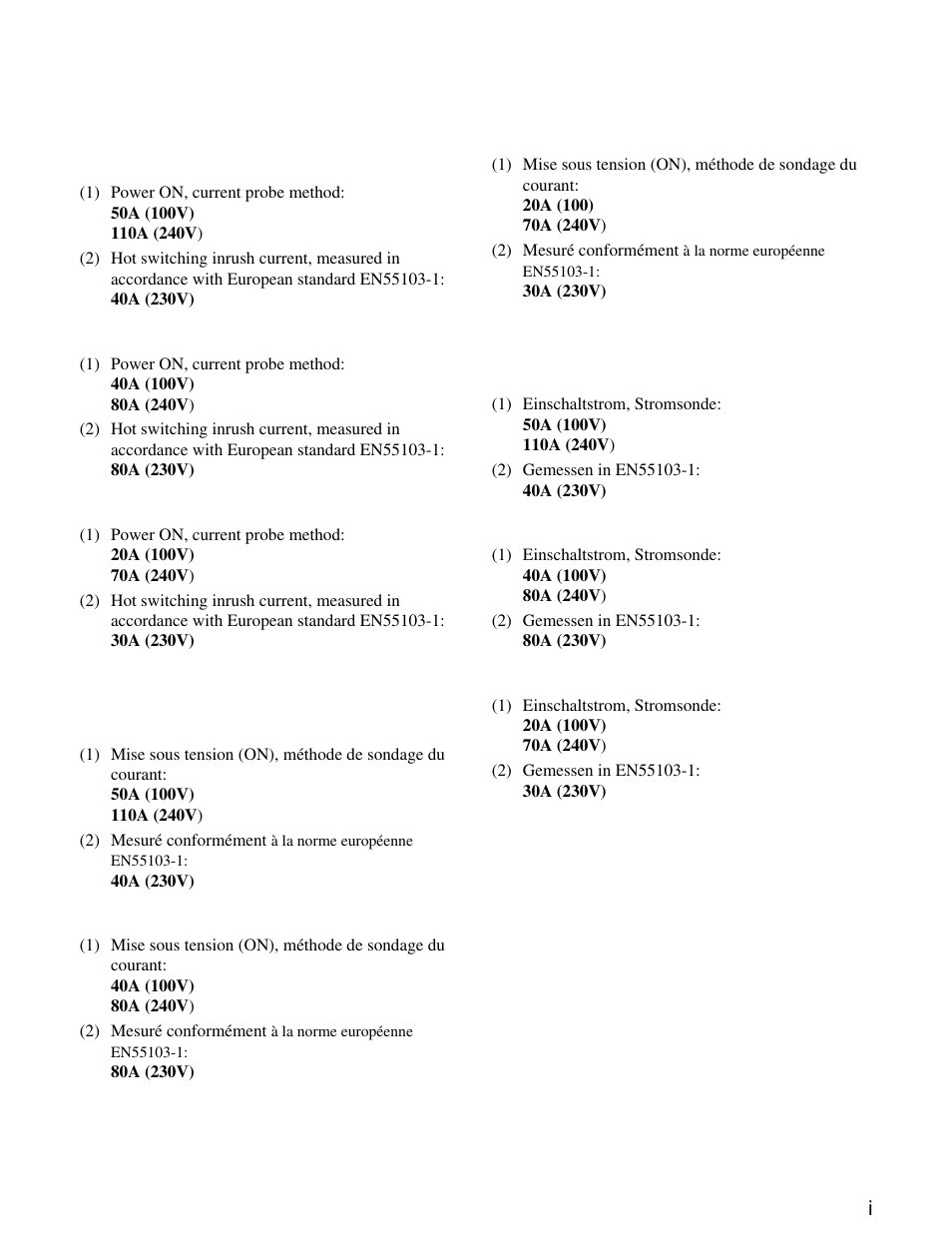 Peak inrush current, Appel de courant de crête, Spitzenstrom | Sony OXF-R3 User Manual | Page 3 / 396