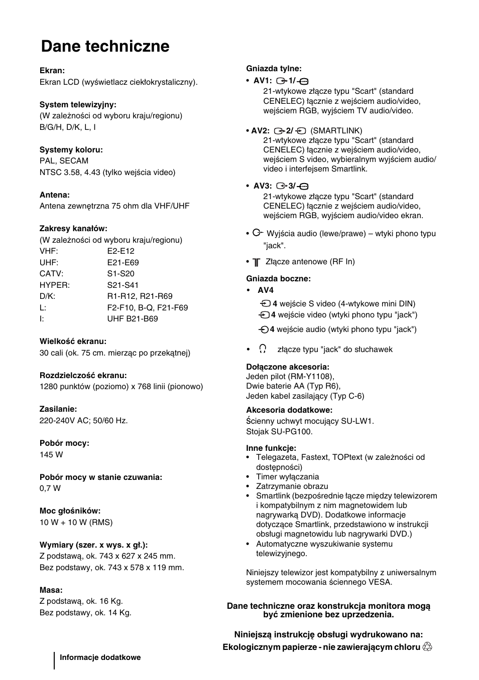 Dane techniczne | Sony WEGA KLV-30HR3 User Manual | Page 97 / 134