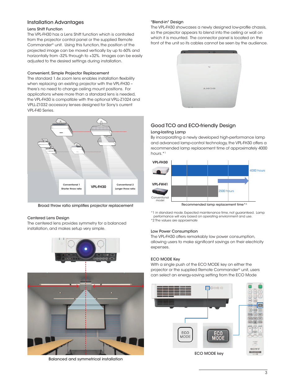 Good tco and eco-friendly design, Installation advantages | Sony BRIGHTERA VPL-FH30 User Manual | Page 3 / 8