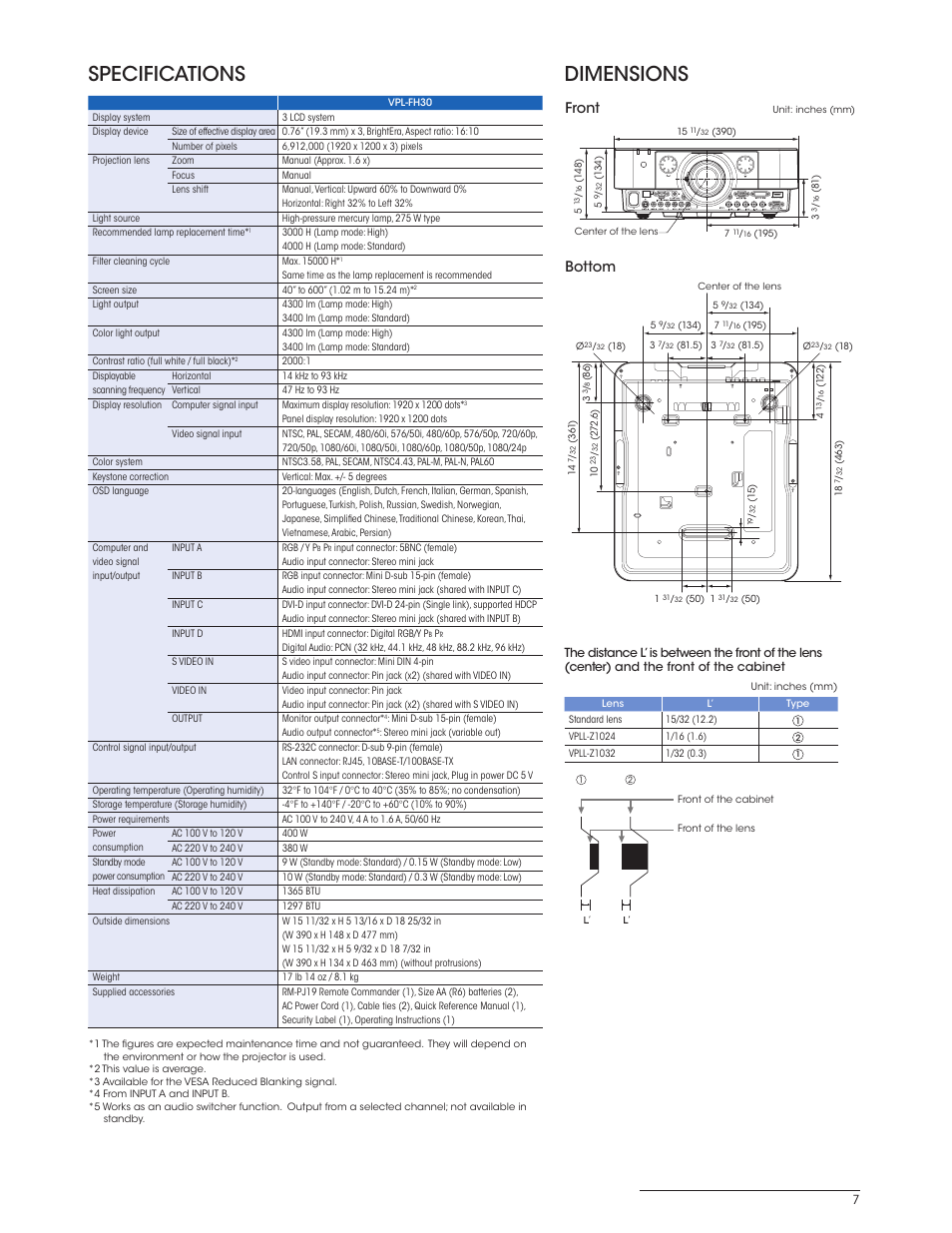 Specifications dimensions, Front, Bottom | Sony BRIGHTERA VPL-FH30 User Manual | Page 7 / 8