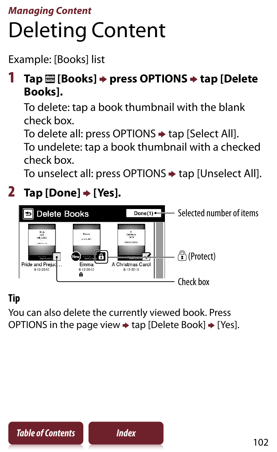 Managing content, Deleting content, Eader | Sony READER DAILY EDITION PRS-950 User Manual | Page 102 / 175