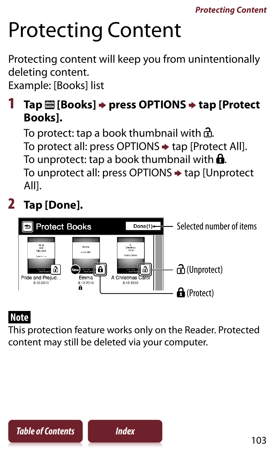 Protecting content, Tal deletion | Sony READER DAILY EDITION PRS-950 User Manual | Page 103 / 175