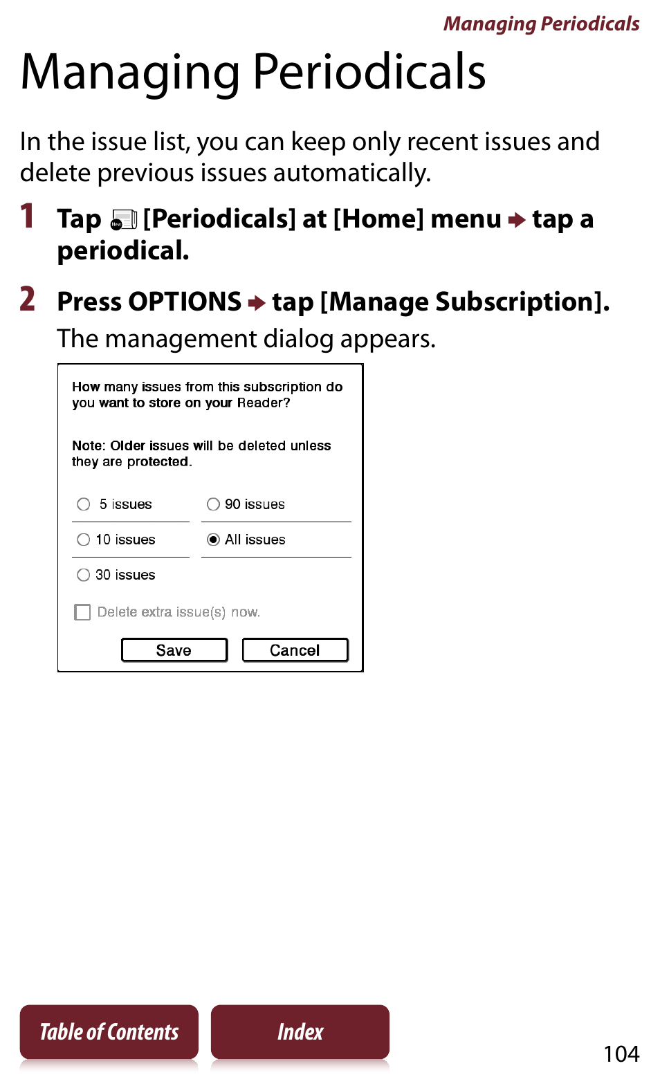 Managing periodicals, Tically | Sony READER DAILY EDITION PRS-950 User Manual | Page 104 / 175