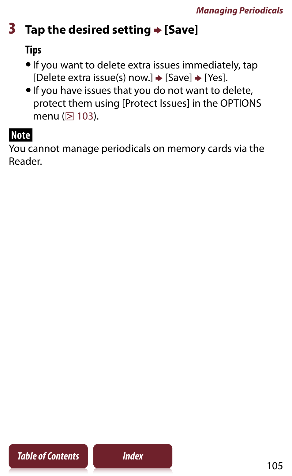 Tap the desired setting  [save | Sony READER DAILY EDITION PRS-950 User Manual | Page 105 / 175