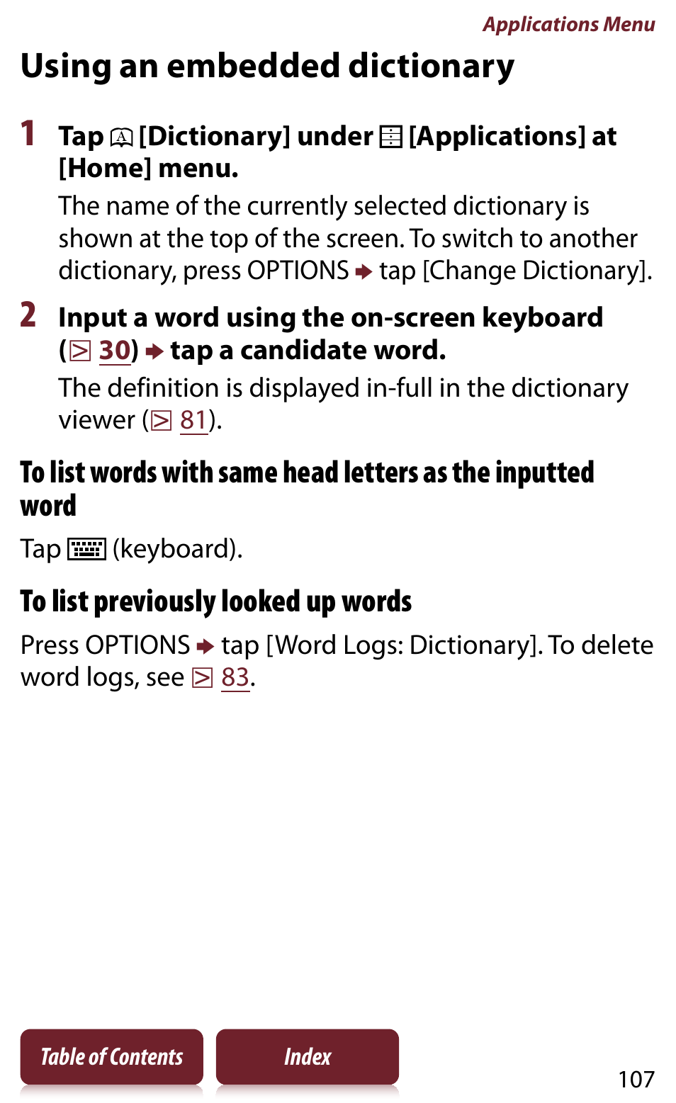 Using an embedded dictionary | Sony READER DAILY EDITION PRS-950 User Manual | Page 107 / 175