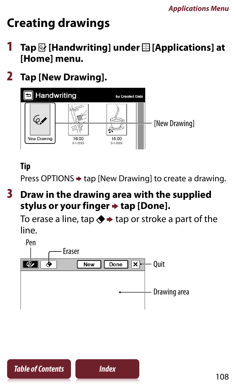 Creating drawings, Iting, Wing | Or a t, E(s) | Sony READER DAILY EDITION PRS-950 User Manual | Page 108 / 175
