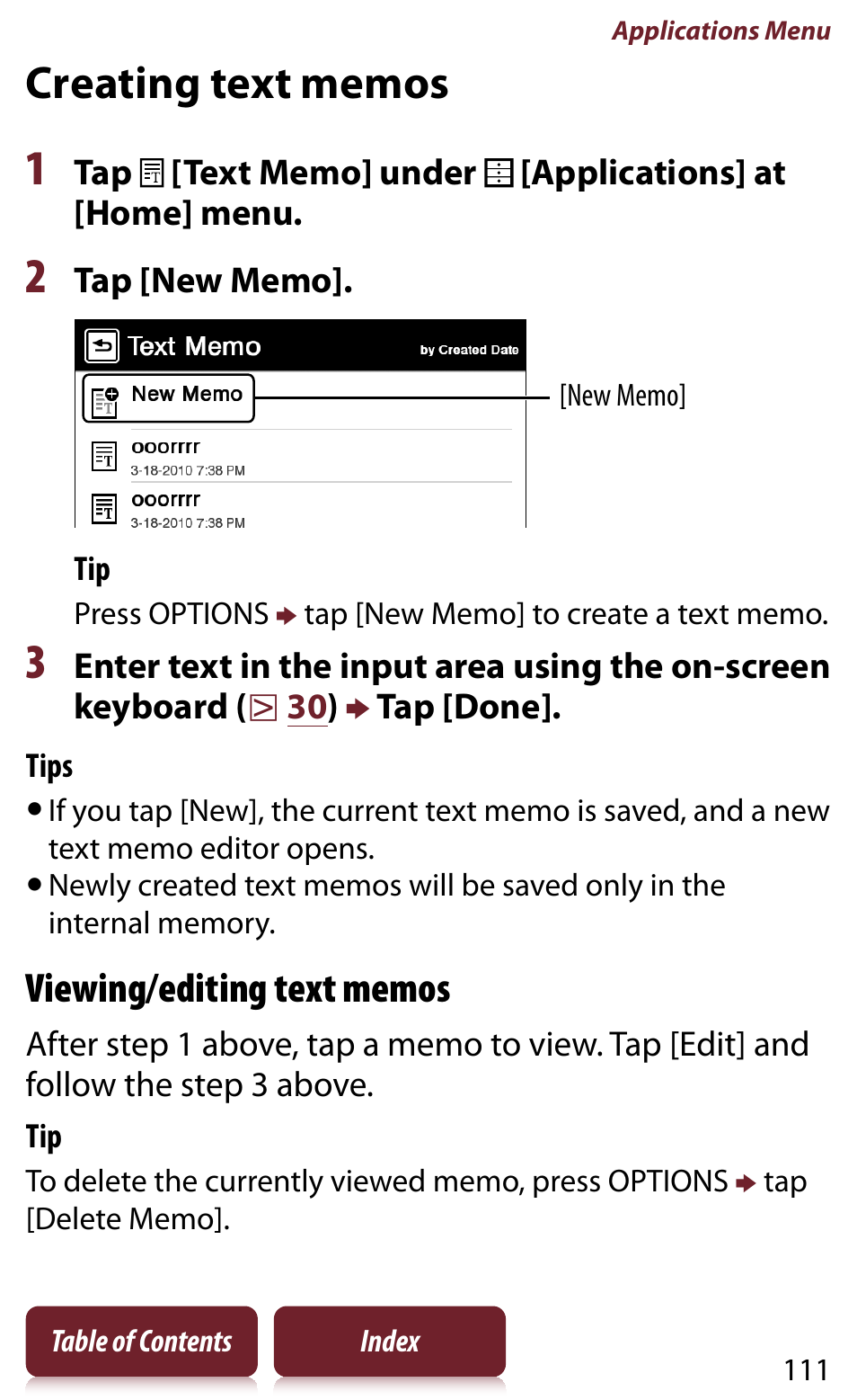 Creating text memos, T memo(s) | Sony READER DAILY EDITION PRS-950 User Manual | Page 111 / 175