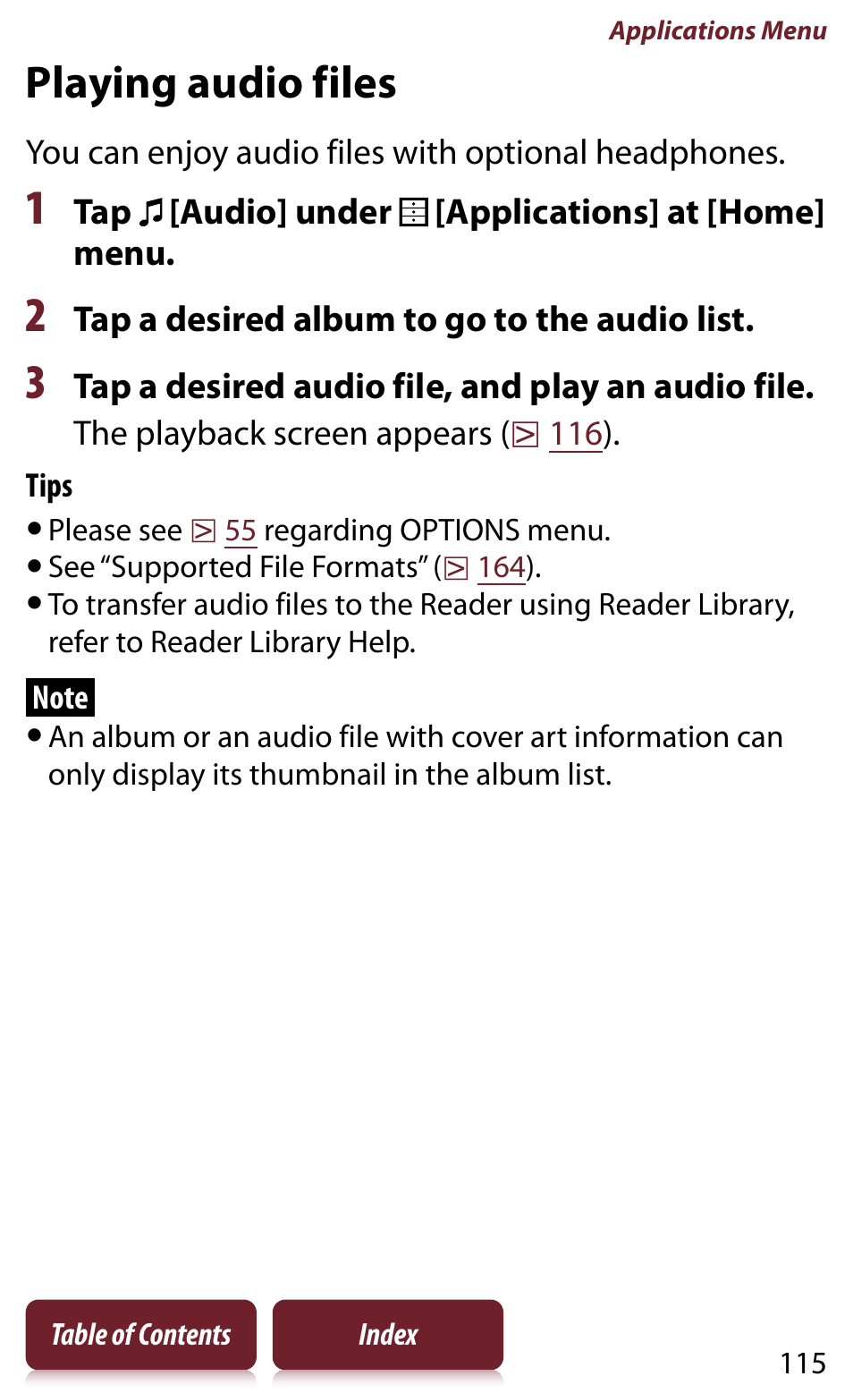 Playing audio files | Sony READER DAILY EDITION PRS-950 User Manual | Page 115 / 175