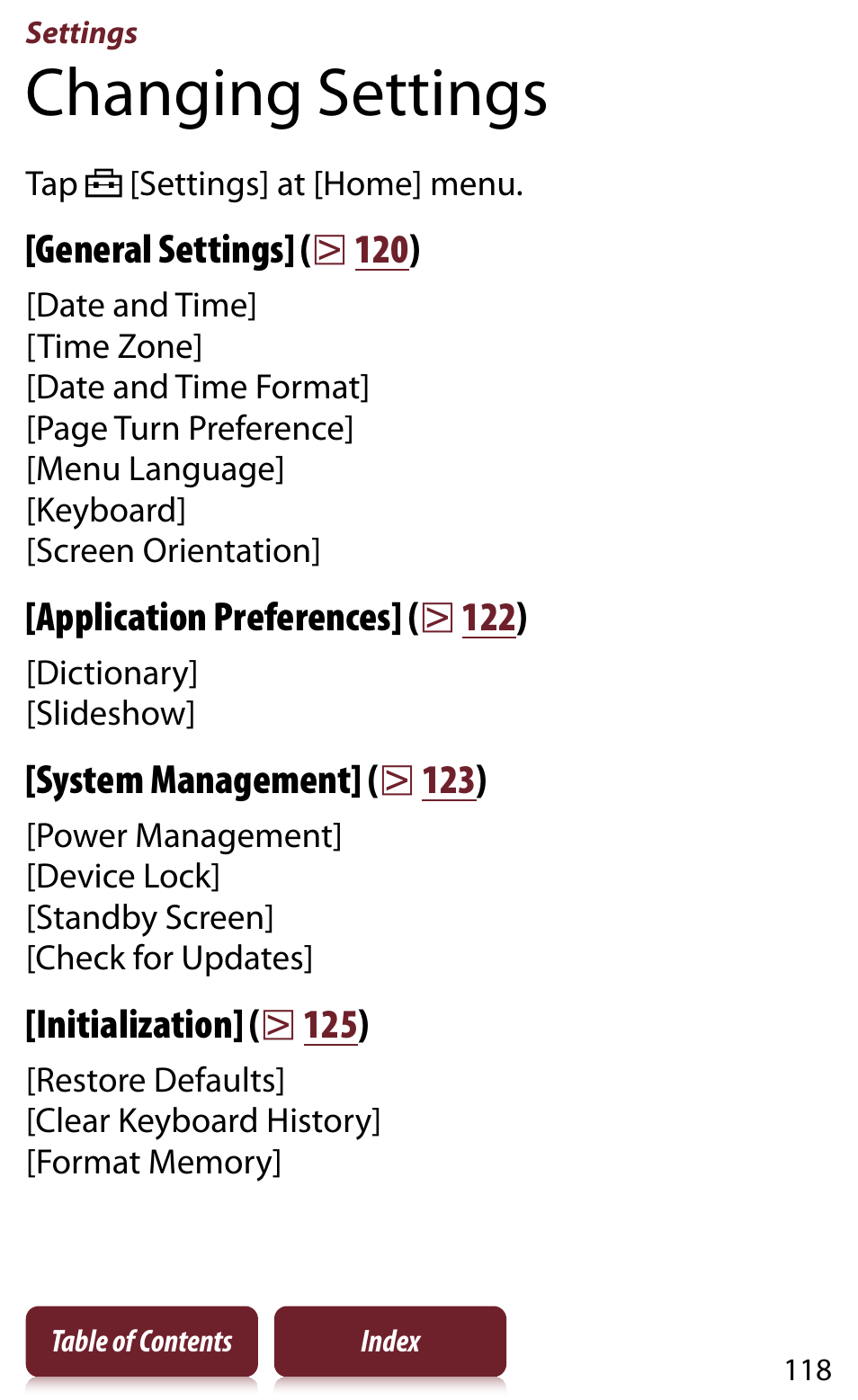 Settings, Changing settings, Reader settings | Sony READER DAILY EDITION PRS-950 User Manual | Page 118 / 175