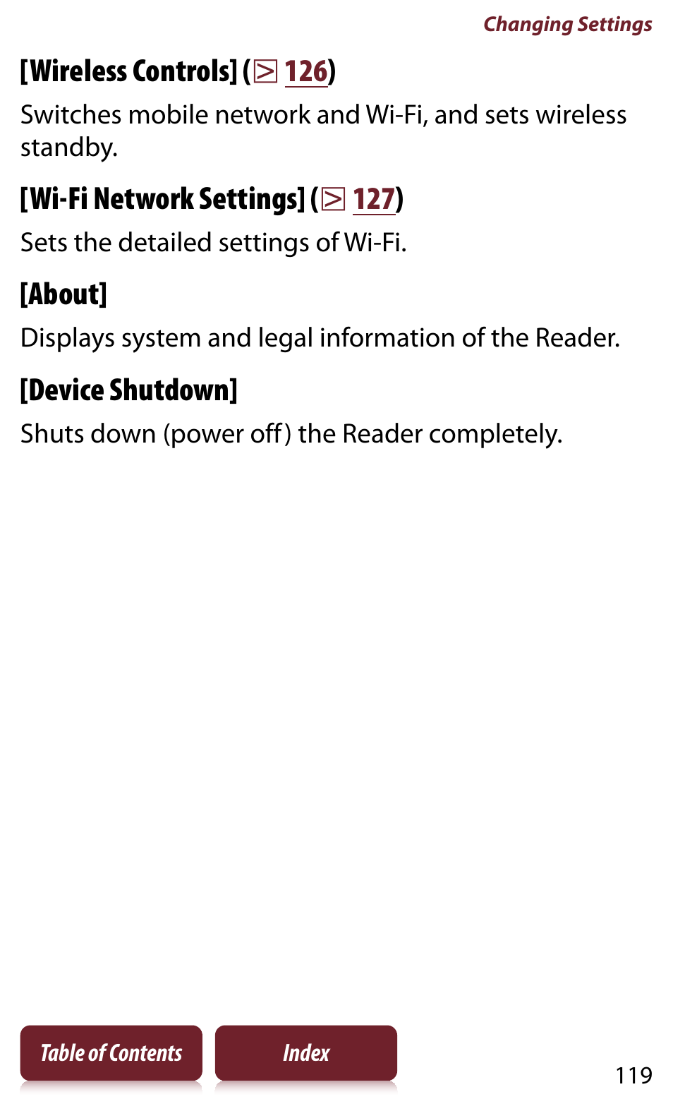 Wireless controls] (  126 ), Wi-fi network settings] (  127 ), About | Device shutdown | Sony READER DAILY EDITION PRS-950 User Manual | Page 119 / 175