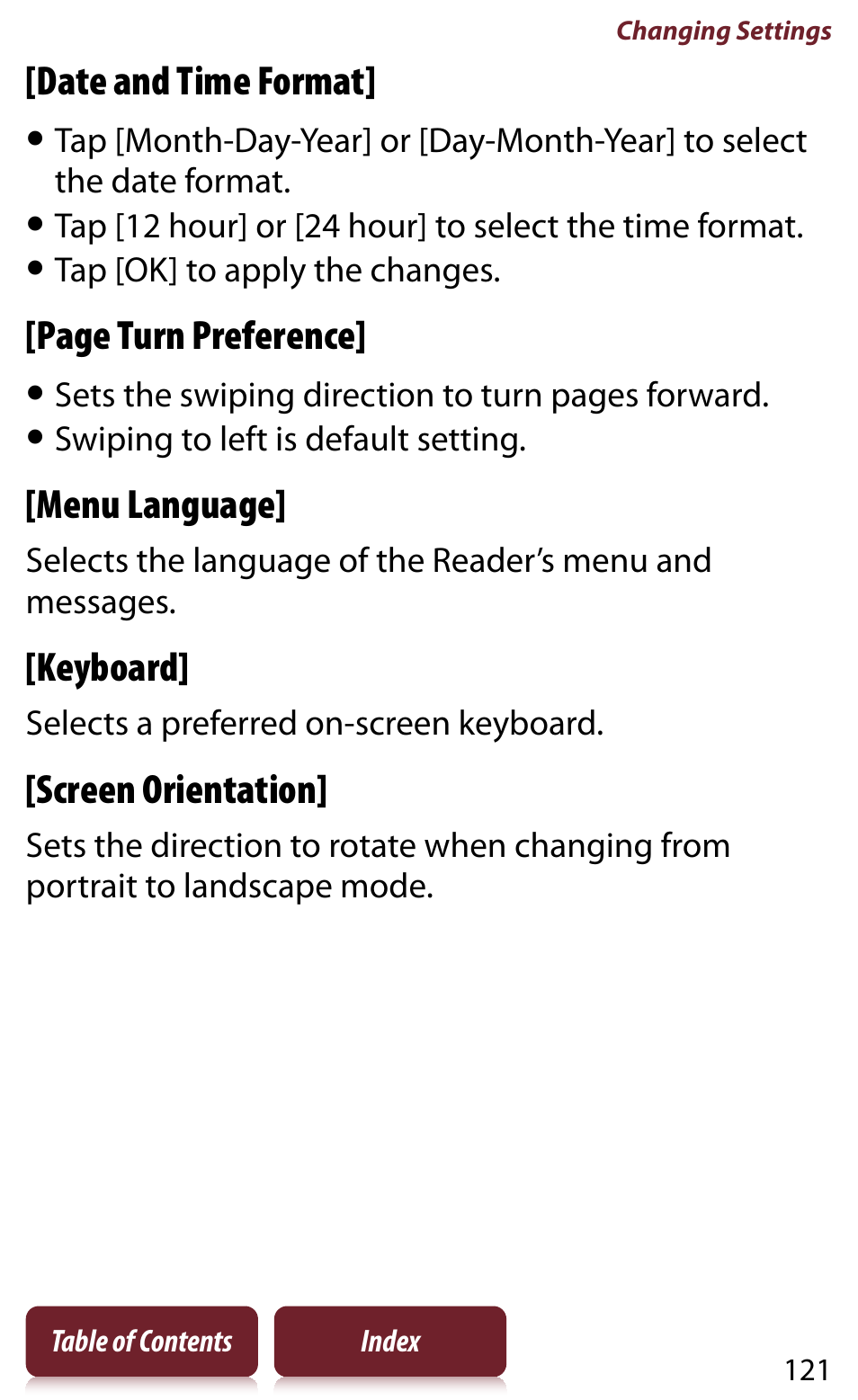 Tion, Date and time format, Page turn preference | Menu language, Keyboard, Screen orientation | Sony READER DAILY EDITION PRS-950 User Manual | Page 121 / 175