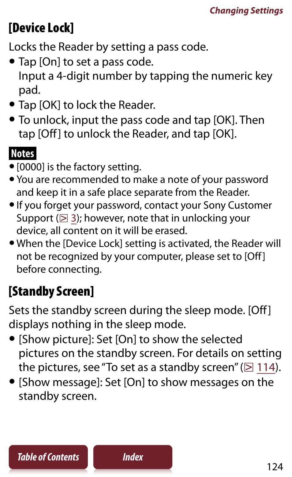 Een], see, Ettings] menu, Device lock | Standby screen | Sony READER DAILY EDITION PRS-950 User Manual | Page 124 / 175