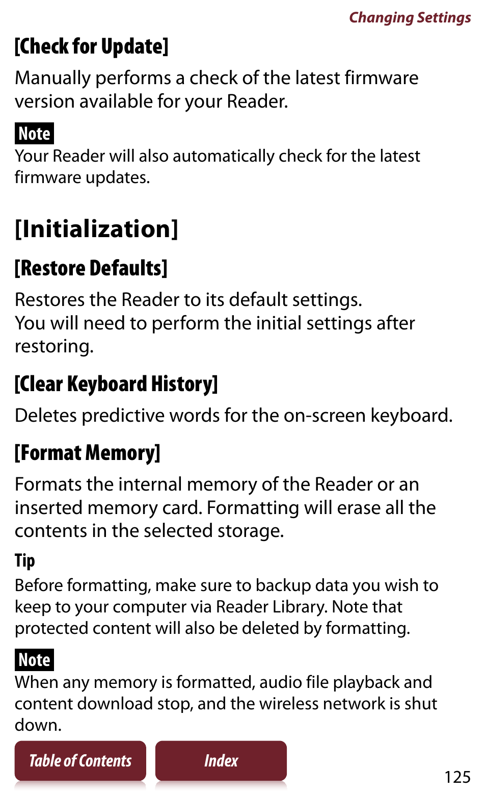 Initialization, Efaults, Check for update | Restore defaults, Clear keyboard history | Sony READER DAILY EDITION PRS-950 User Manual | Page 125 / 175