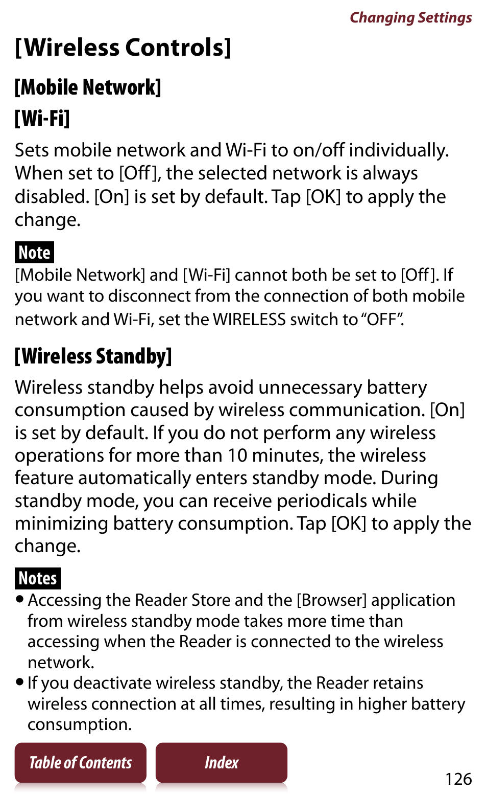 Wireless controls, Y mode, Setting | Ols] setting, Mobile network] [wi-fi, Wireless standby | Sony READER DAILY EDITION PRS-950 User Manual | Page 126 / 175