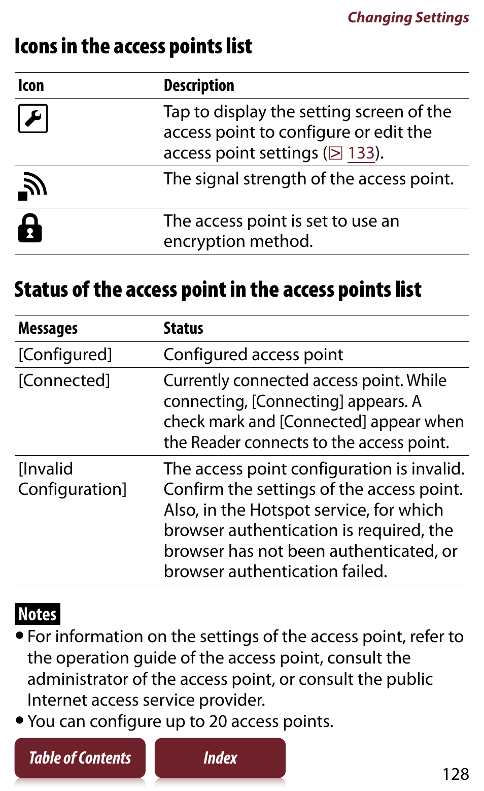 Icons in the access points list | Sony READER DAILY EDITION PRS-950 User Manual | Page 128 / 175