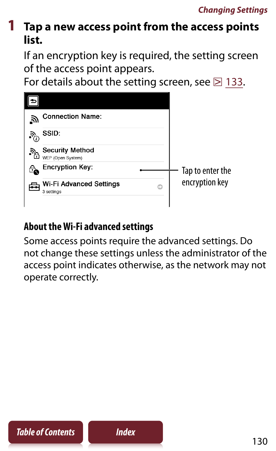 Tap a new access point from the access points list, About the wi-fi advanced settings | Sony READER DAILY EDITION PRS-950 User Manual | Page 130 / 175
