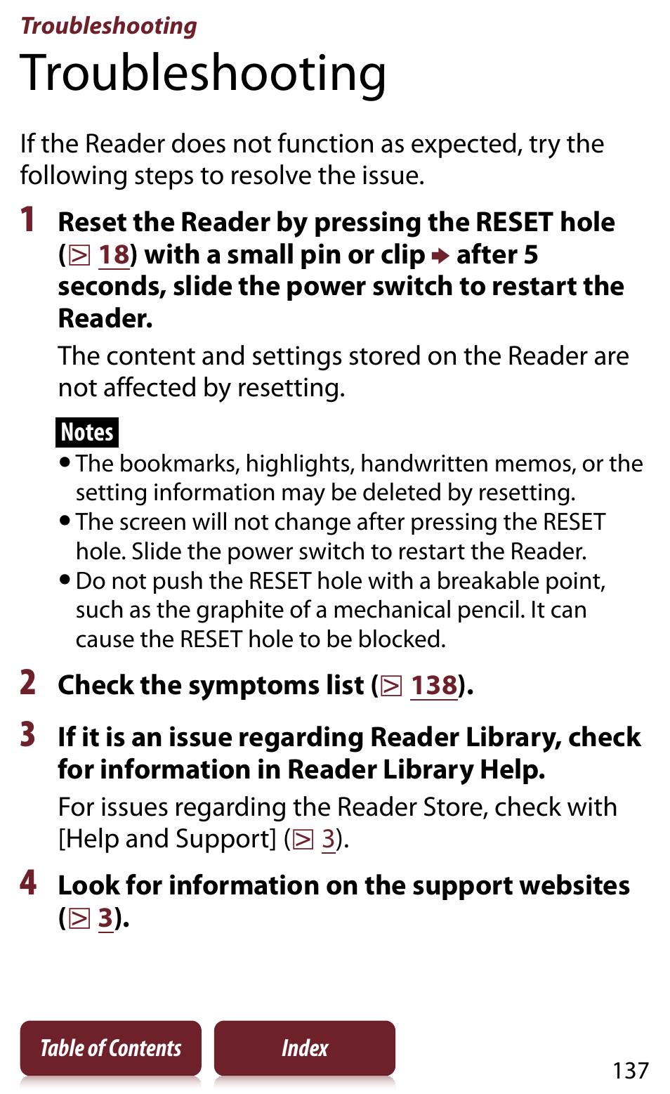 Troubleshooting, Check “troubleshooting, T hole | Sony READER DAILY EDITION PRS-950 User Manual | Page 137 / 175