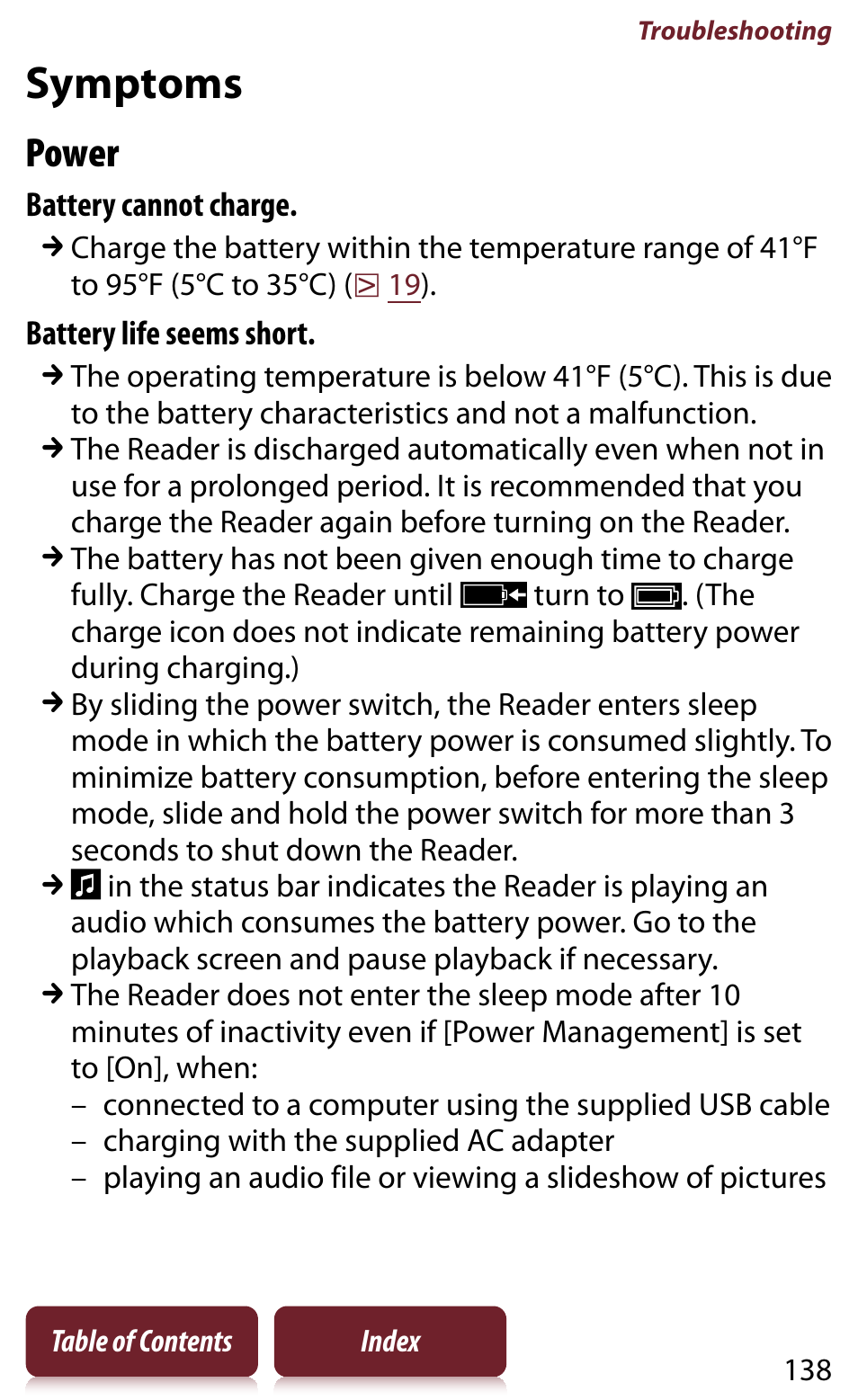 Symptoms, Power | Sony READER DAILY EDITION PRS-950 User Manual | Page 138 / 175