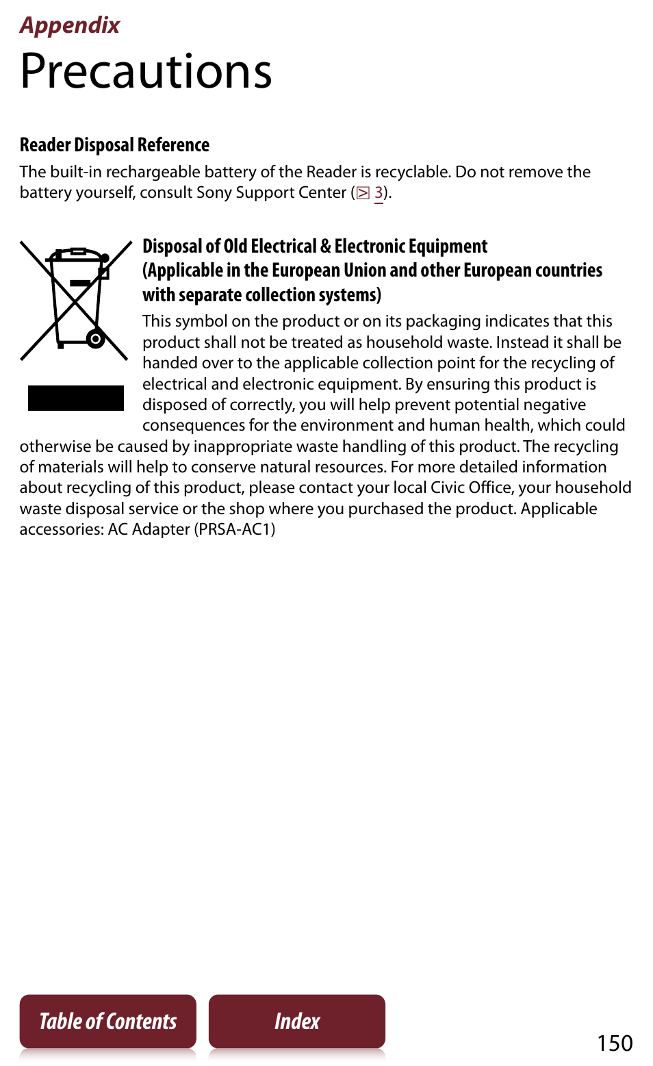 Appendix, Precautions, Appendix 150 table of contents index | Sony READER DAILY EDITION PRS-950 User Manual | Page 150 / 175