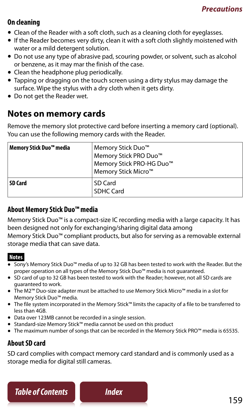 Lease see, Eader, 159 table of contents index | Precautions, On cleaning, About sd card | Sony READER DAILY EDITION PRS-950 User Manual | Page 159 / 175