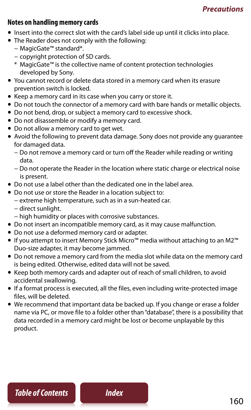 160 table of contents index, Precautions | Sony READER DAILY EDITION PRS-950 User Manual | Page 160 / 175