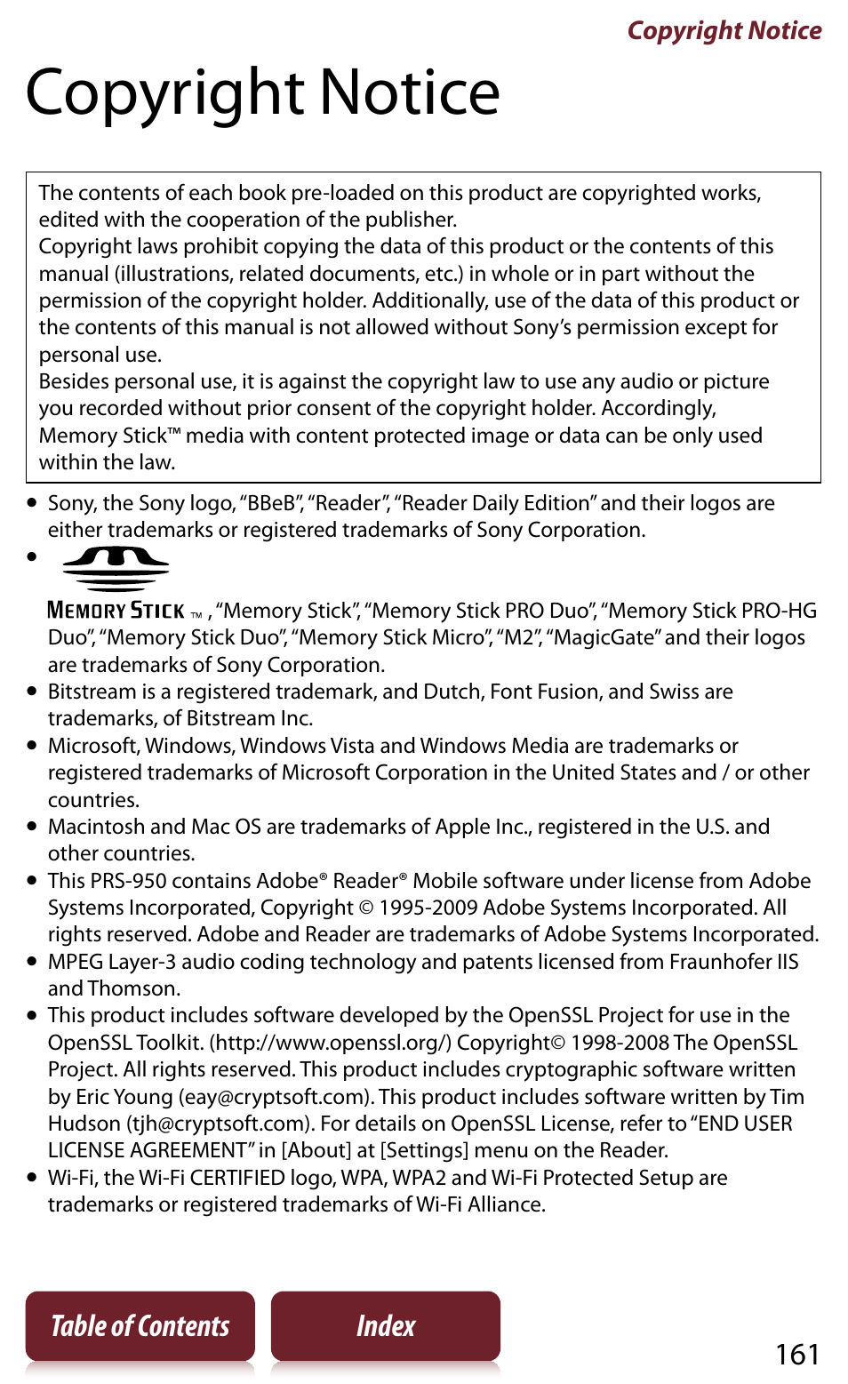 Copyright notice, 161 table of contents index | Sony READER DAILY EDITION PRS-950 User Manual | Page 161 / 175