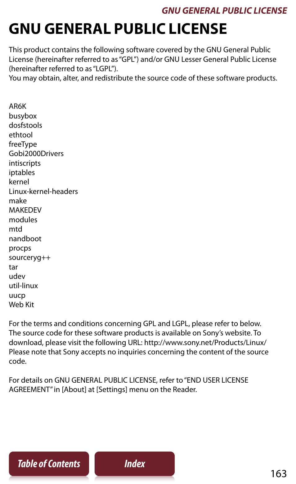 Gnu general public license, 163 table of contents index | Sony READER DAILY EDITION PRS-950 User Manual | Page 163 / 175