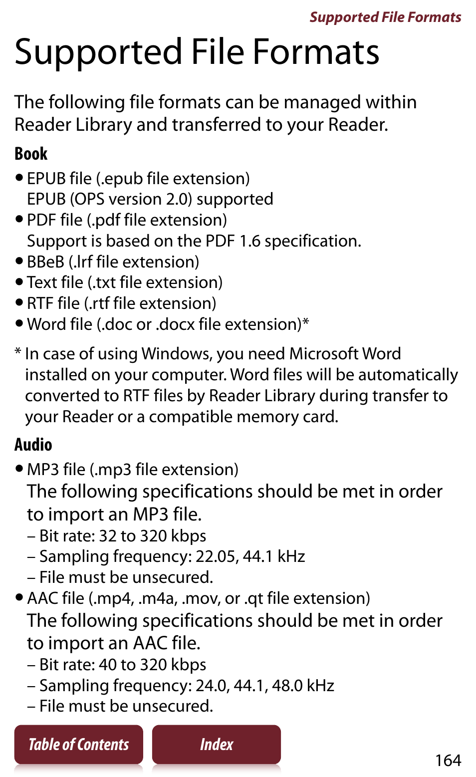 Supported file formats | Sony READER DAILY EDITION PRS-950 User Manual | Page 164 / 175