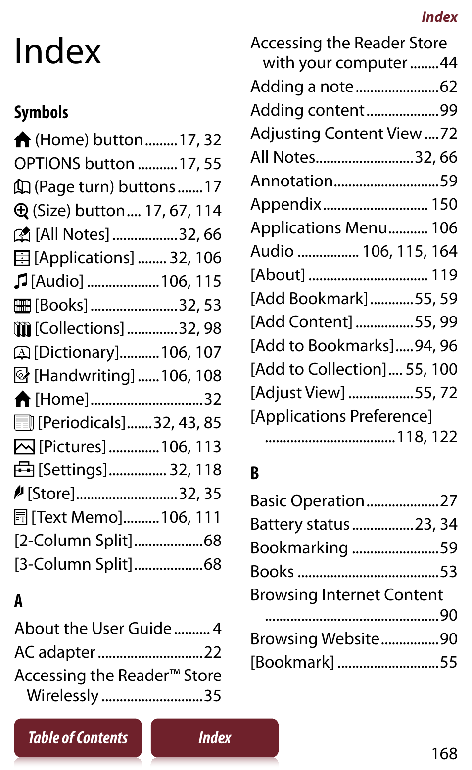 Index | Sony READER DAILY EDITION PRS-950 User Manual | Page 168 / 175