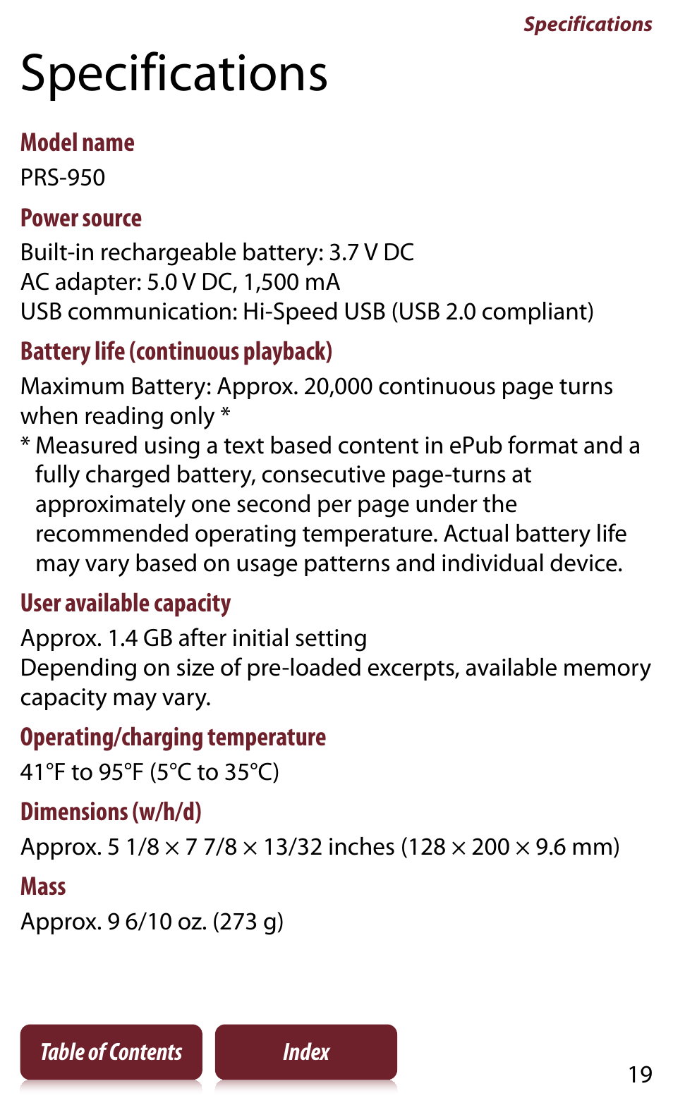 Specifications | Sony READER DAILY EDITION PRS-950 User Manual | Page 19 / 175