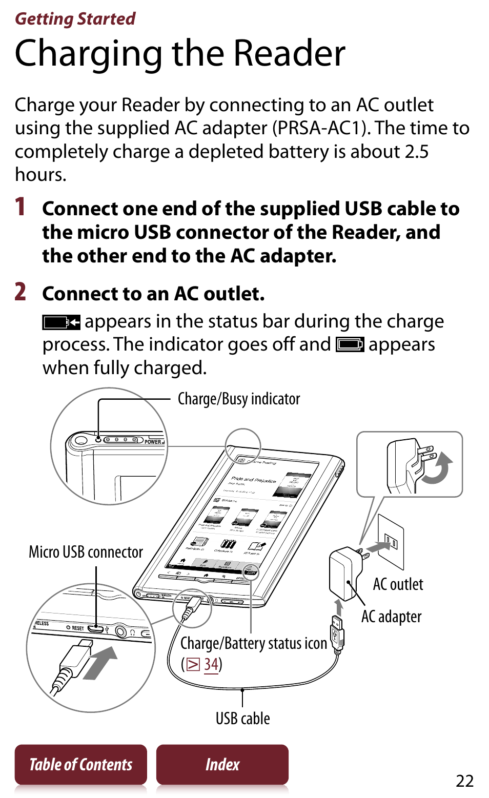 Getting started, Charging the reader, Getting started - 26 | Sony READER DAILY EDITION PRS-950 User Manual | Page 22 / 175