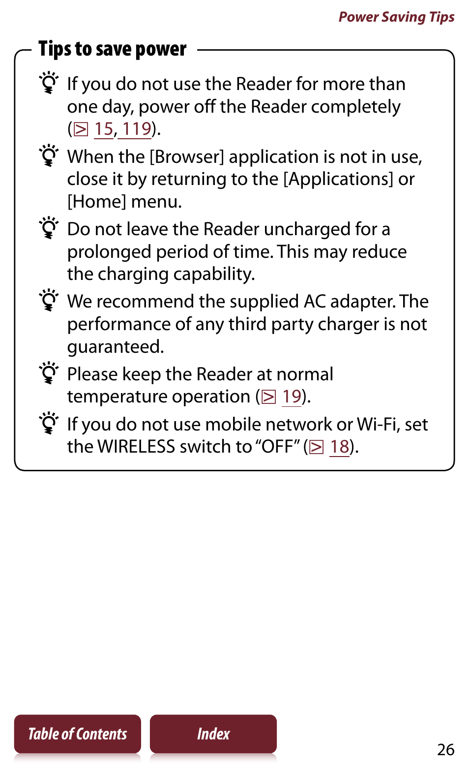 Tips to save power | Sony READER DAILY EDITION PRS-950 User Manual | Page 26 / 175