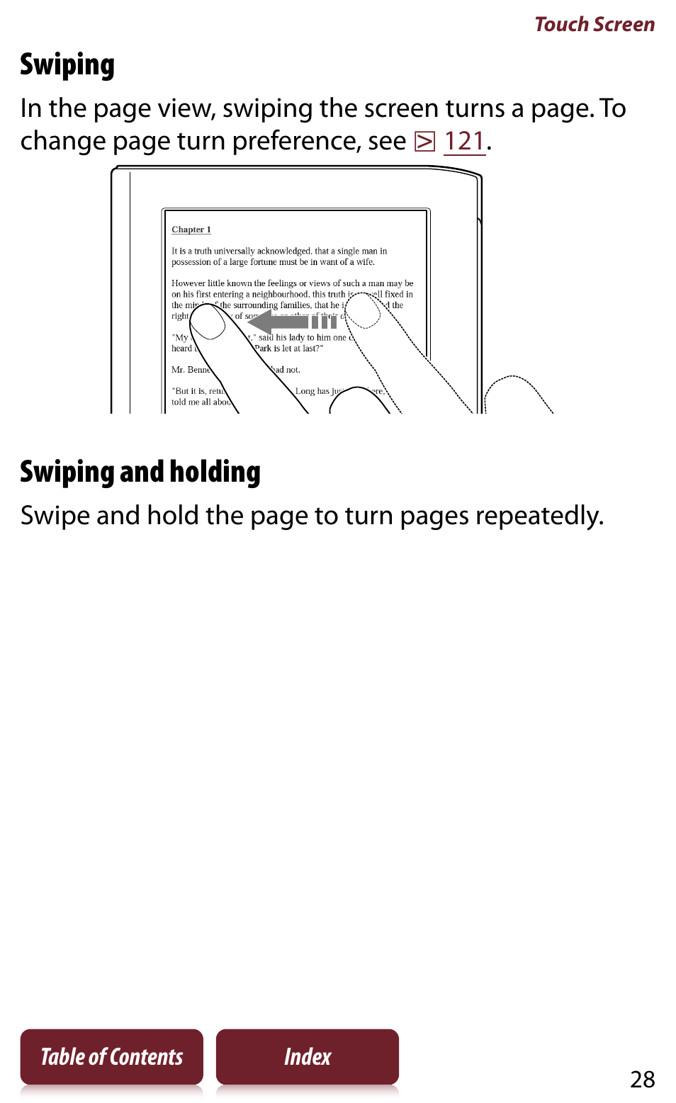 Swiping, Swiping and holding | Sony READER DAILY EDITION PRS-950 User Manual | Page 28 / 175