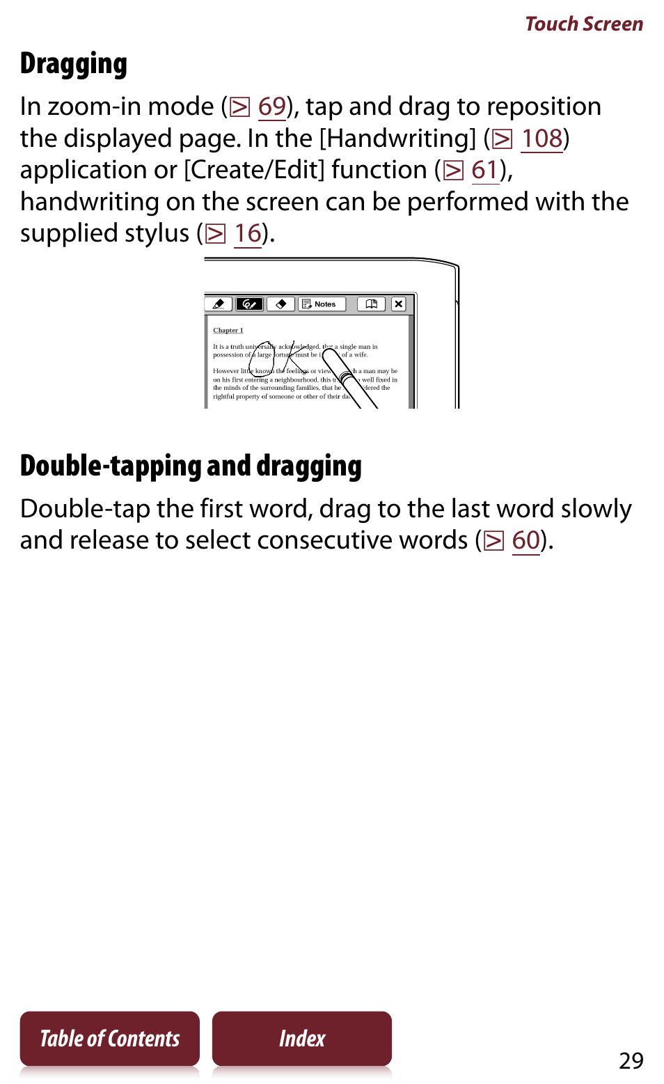Dragging, Double-tapping and dragging | Sony READER DAILY EDITION PRS-950 User Manual | Page 29 / 175