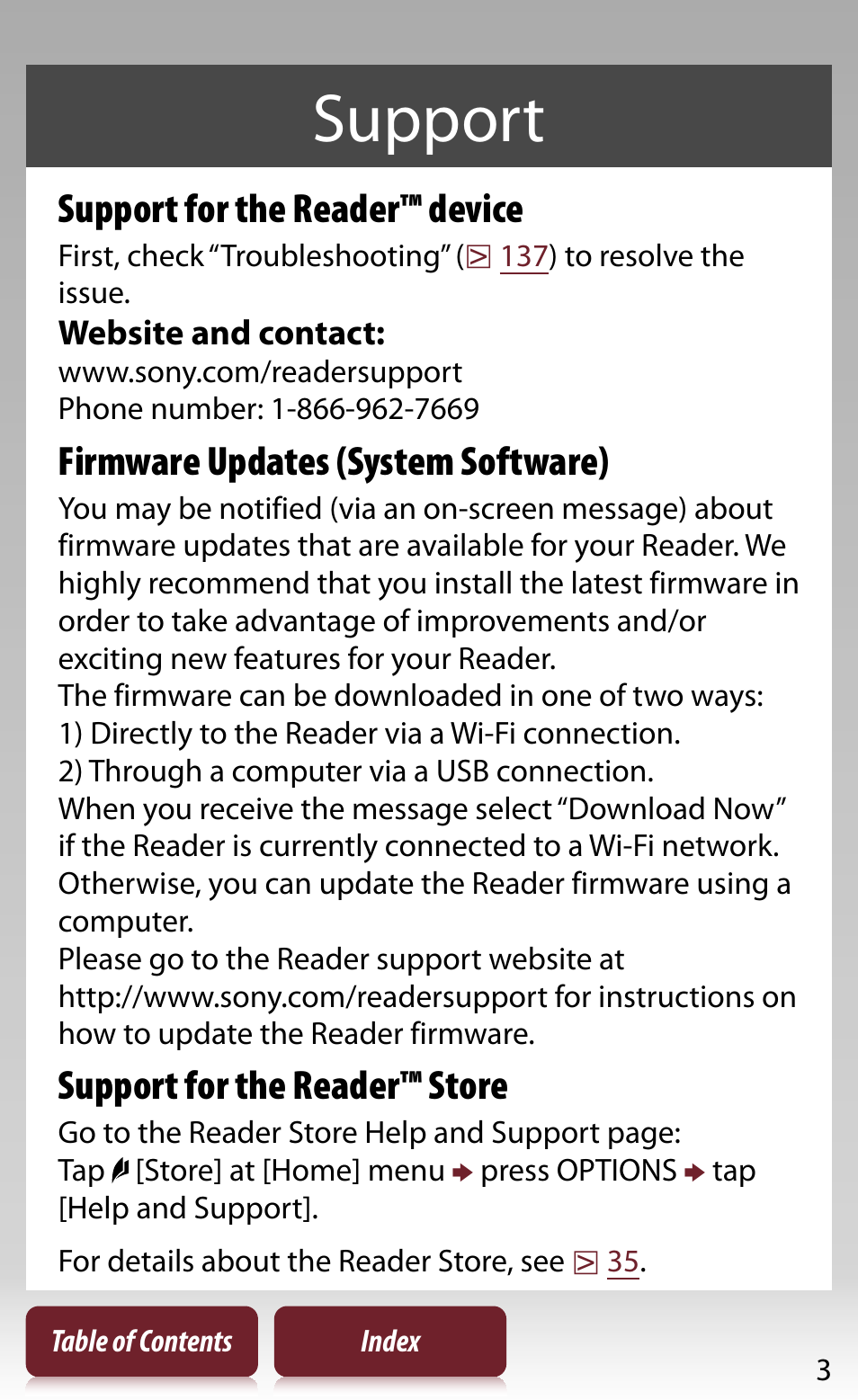 Support, Support for the reader™ device, Firmware updates (system software) | Support for the reader™ store | Sony READER DAILY EDITION PRS-950 User Manual | Page 3 / 175