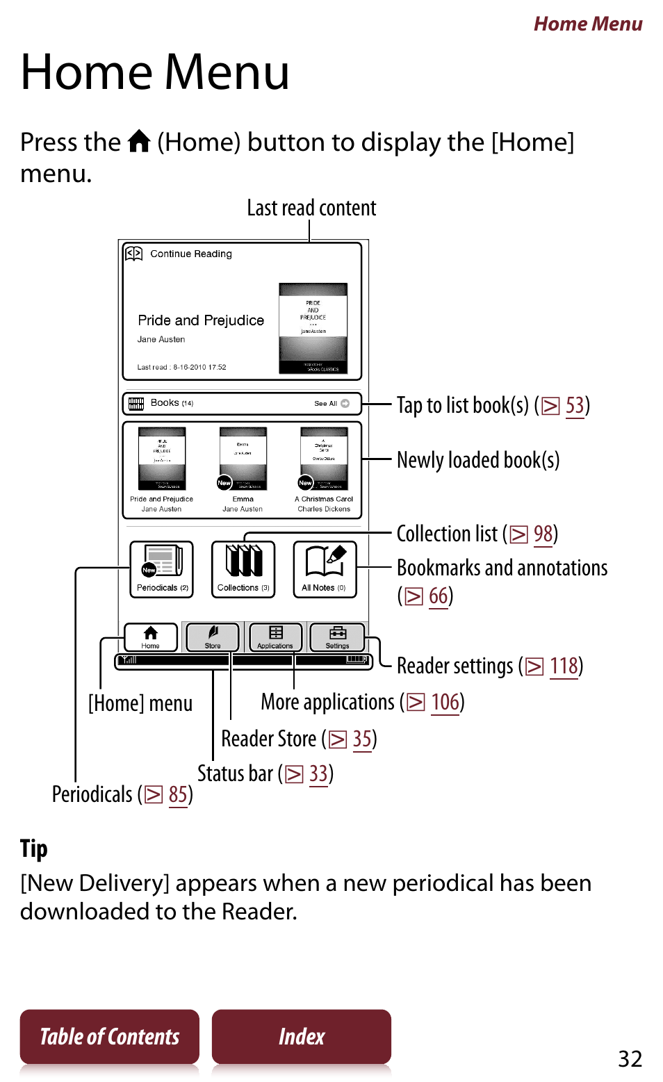 Home menu | Sony READER DAILY EDITION PRS-950 User Manual | Page 32 / 175