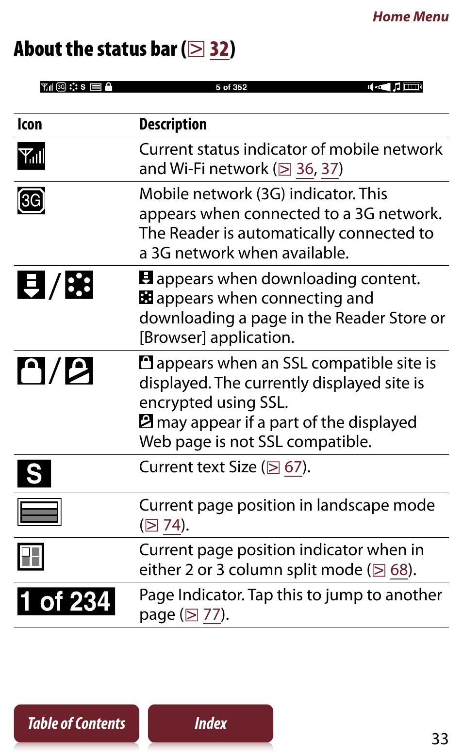 Tus bar, About the status bar (  32 ) | Sony READER DAILY EDITION PRS-950 User Manual | Page 33 / 175