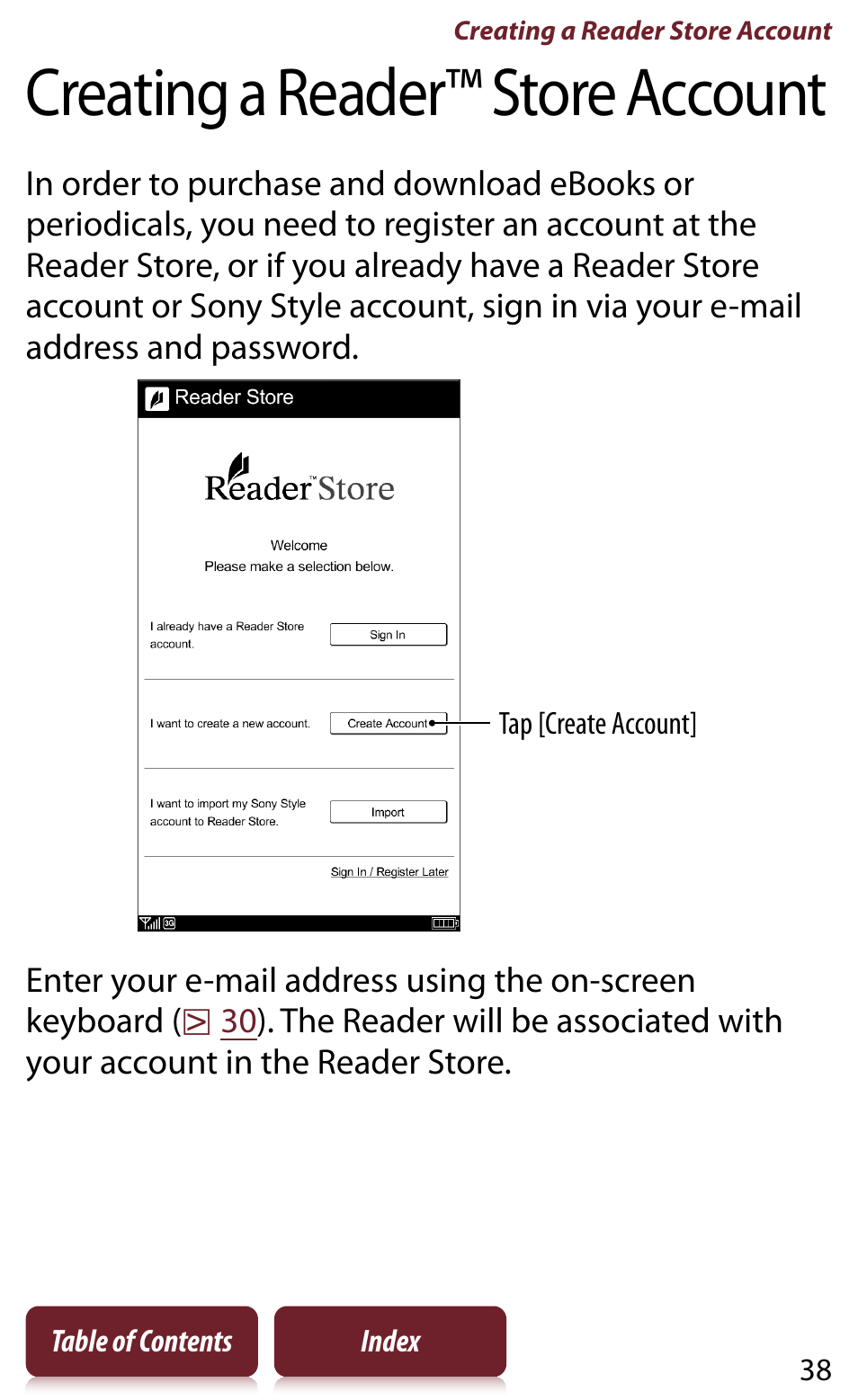 Creating a reader™ store account | Sony READER DAILY EDITION PRS-950 User Manual | Page 38 / 175