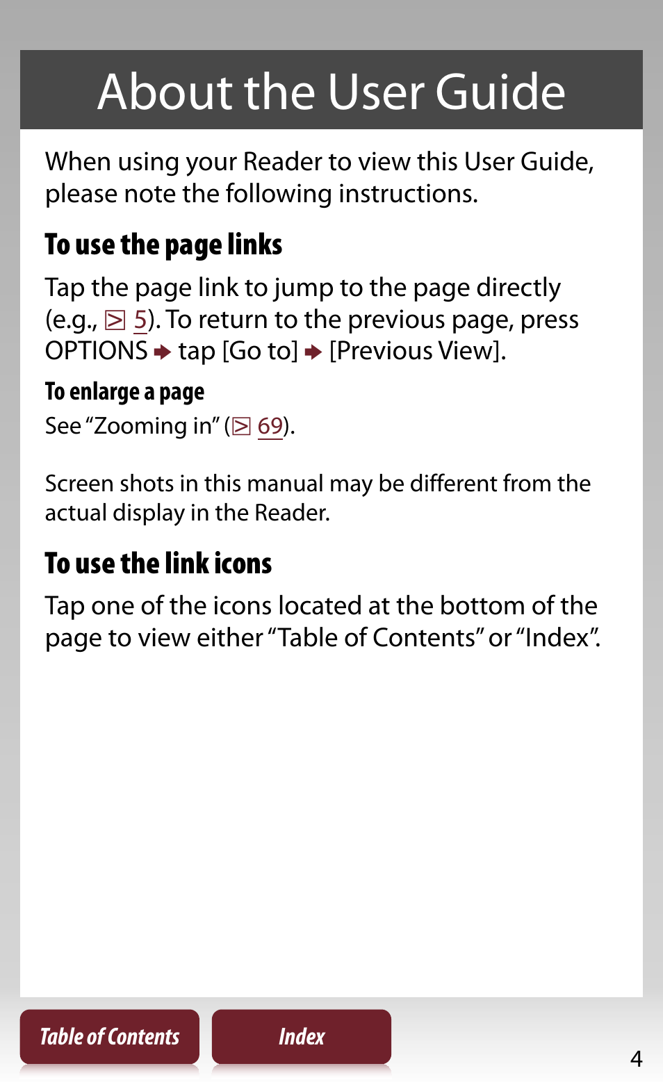 About the user guide | Sony READER DAILY EDITION PRS-950 User Manual | Page 4 / 175