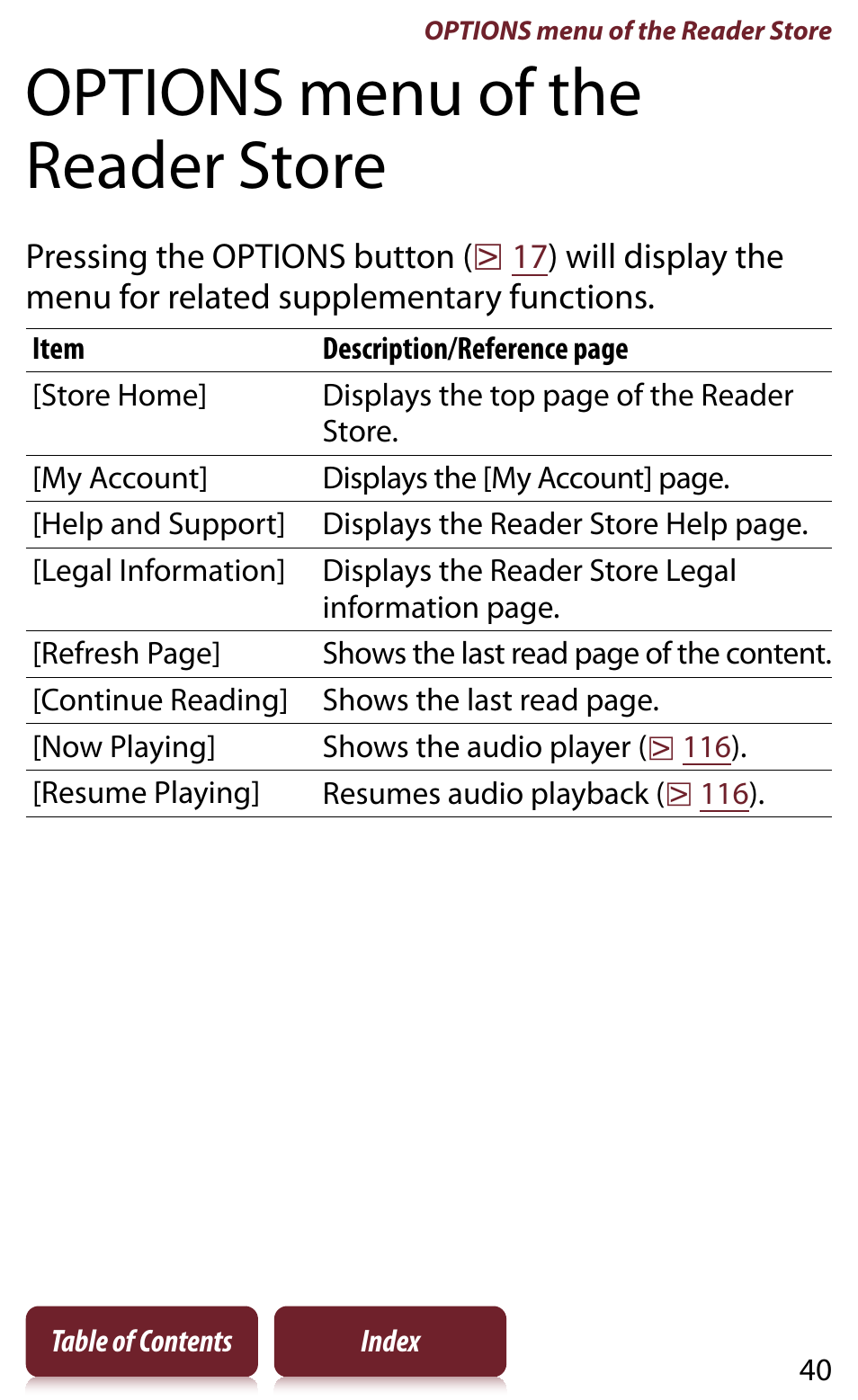 Options menu of the reader store | Sony READER DAILY EDITION PRS-950 User Manual | Page 40 / 175
