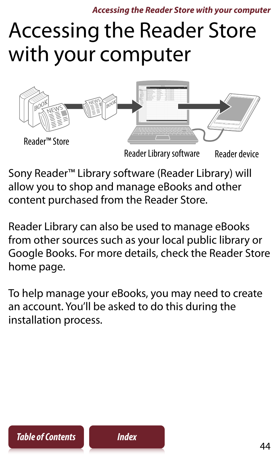 Accessing the reader store with your computer | Sony READER DAILY EDITION PRS-950 User Manual | Page 44 / 175