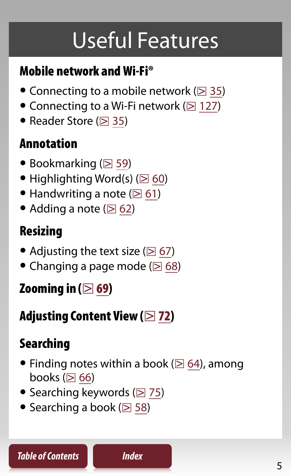 Useful features, Mobile network and wi-fi, Annotation | Resizing | Sony READER DAILY EDITION PRS-950 User Manual | Page 5 / 175