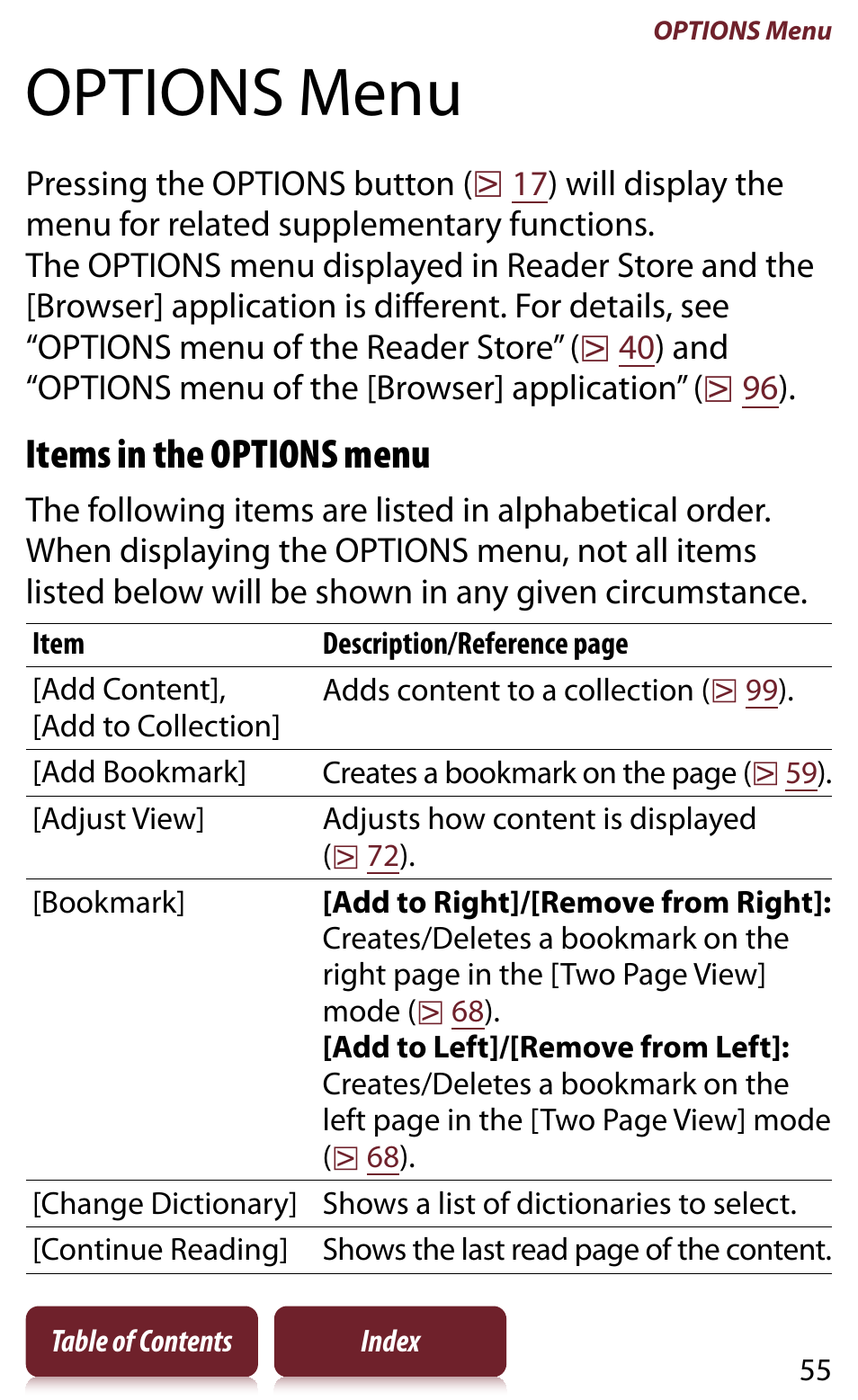 Options menu, Lease see, Items in the options menu | Sony READER DAILY EDITION PRS-950 User Manual | Page 55 / 175