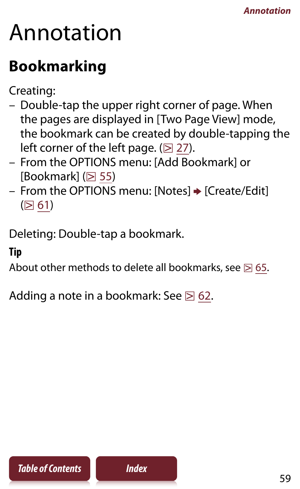 Annotation, Bookmarking | Sony READER DAILY EDITION PRS-950 User Manual | Page 59 / 175